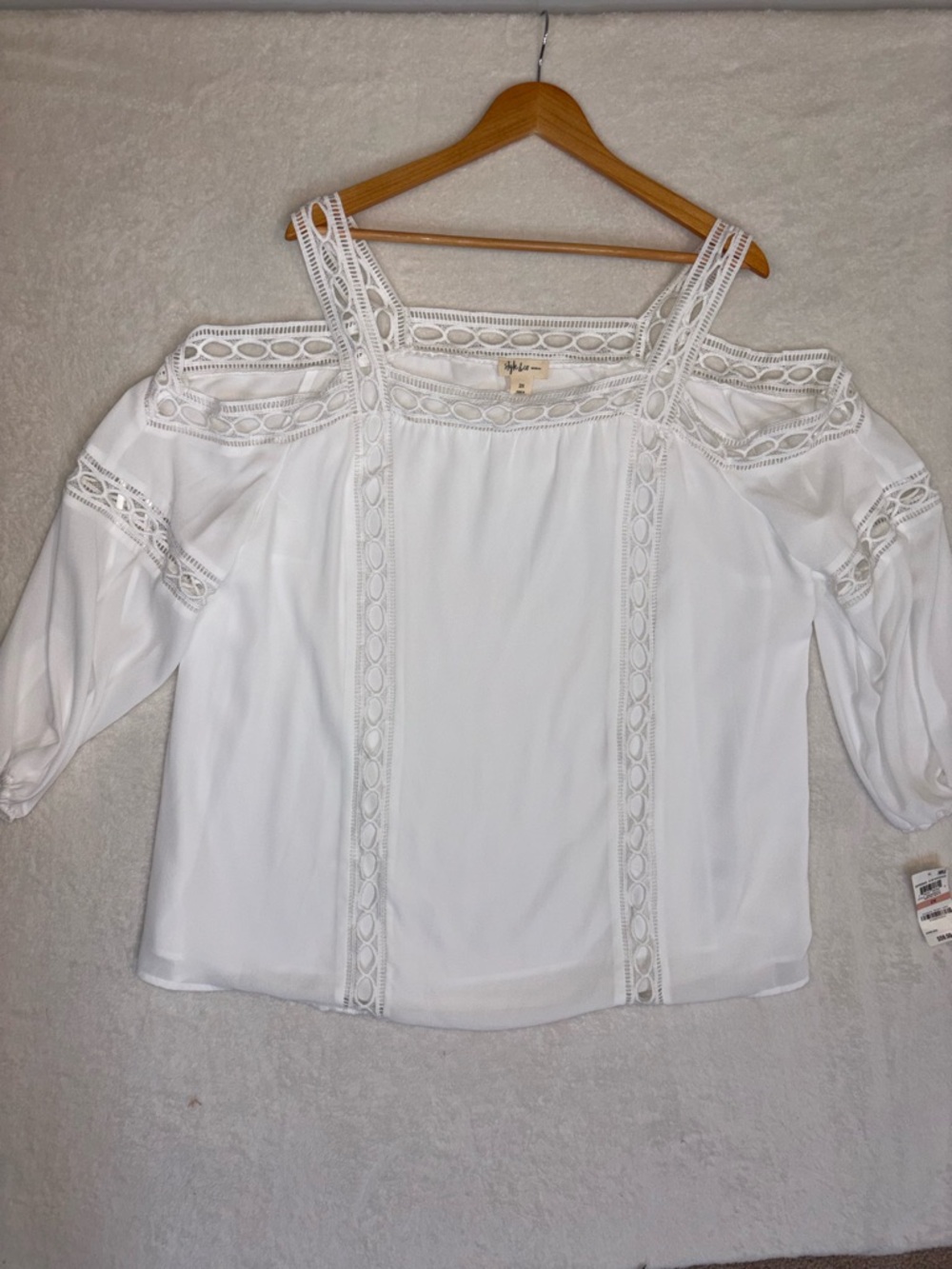 Boho White Cold-Shoulder Crochet-Trim Blouse peasant Preppy vacation Size 2XL